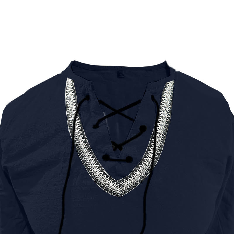 Buddha Stones Solid Color Fall Lace-up Men's V-Neck Long Sleeve Cotton Shirt