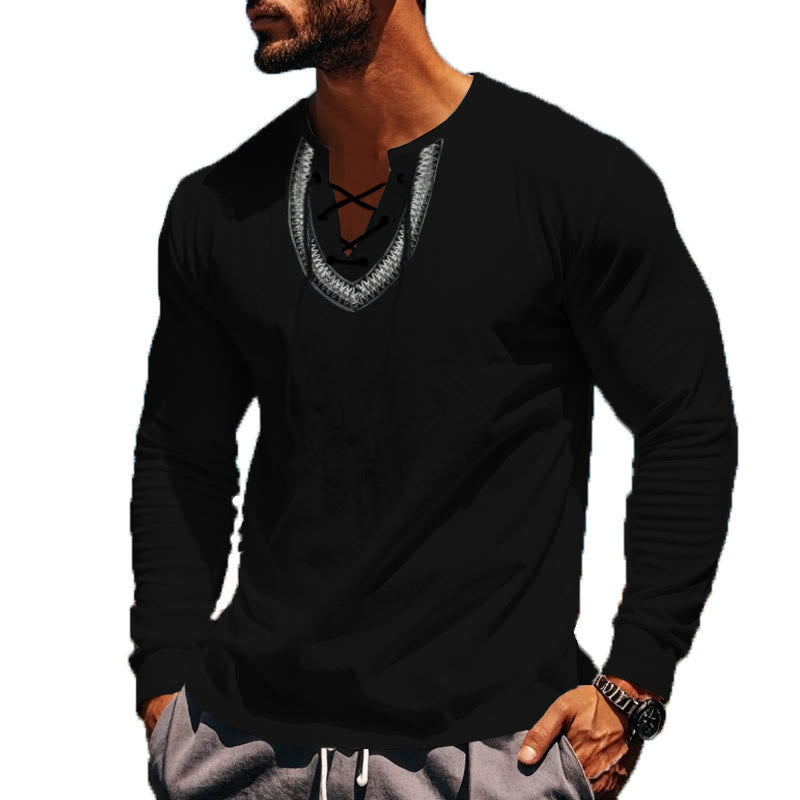 Buddha Stones Solid Color Fall Lace-up Men's V-Neck Long Sleeve Cotton Shirt