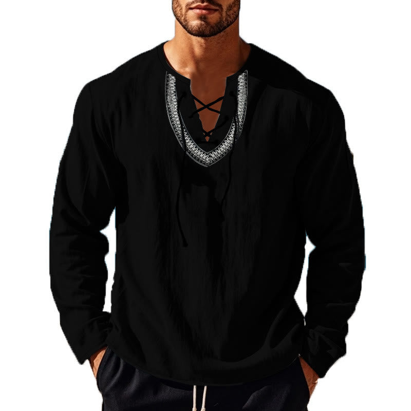 Buddha Stones Solid Color Fall Lace-up Men's V-Neck Long Sleeve Cotton Shirt