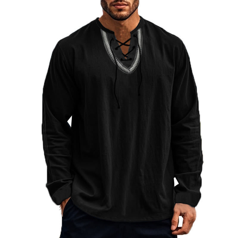 Buddha Stones Solid Color Fall Lace-up Men's V-Neck Long Sleeve Cotton Shirt