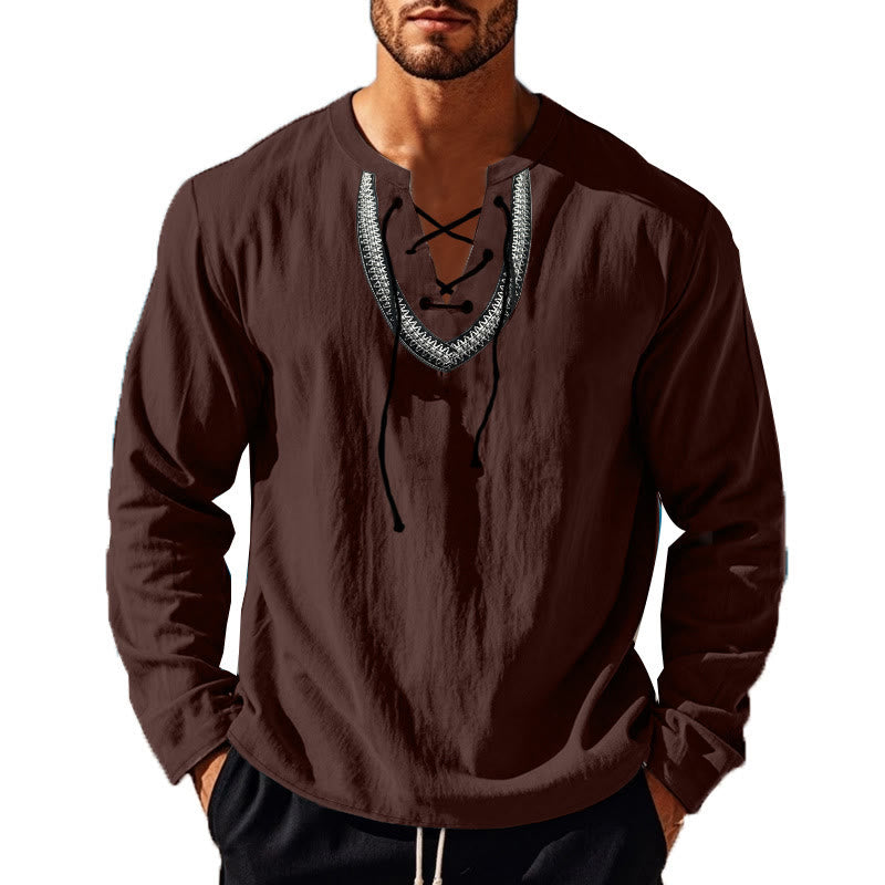 Buddha Stones Solid Color Fall Lace-up Men's V-Neck Long Sleeve Cotton Shirt