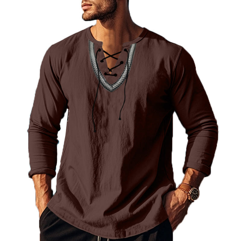 Buddha Stones Solid Color Fall Lace-up Men's V-Neck Long Sleeve Cotton Shirt