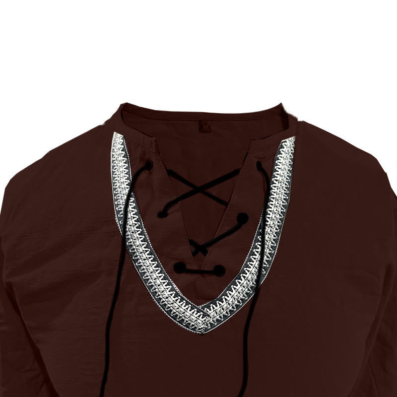 Buddha Stones Solid Color Fall Lace-up Men's V-Neck Long Sleeve Cotton Shirt