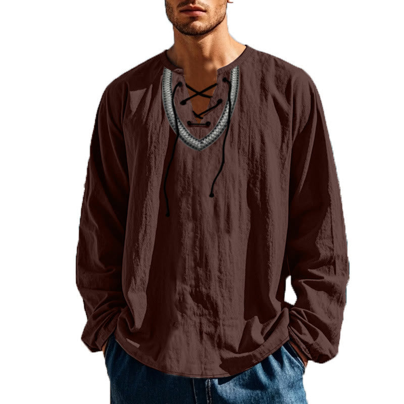 Buddha Stones Solid Color Fall Lace-up Men's V-Neck Long Sleeve Cotton Shirt