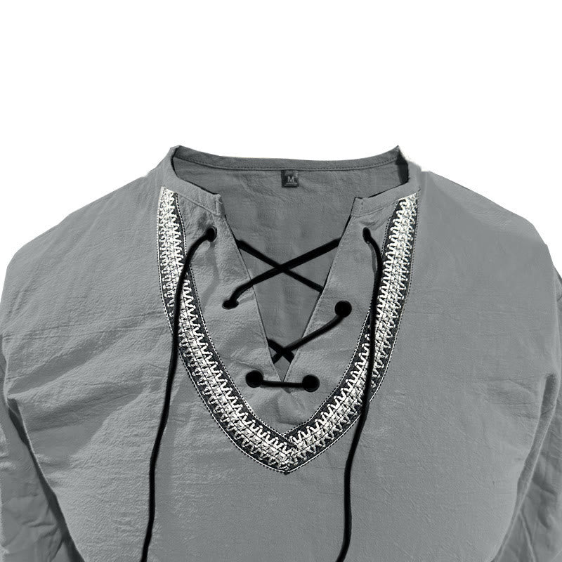 Buddha Stones Solid Color Fall Lace-up Men's V-Neck Long Sleeve Cotton Shirt