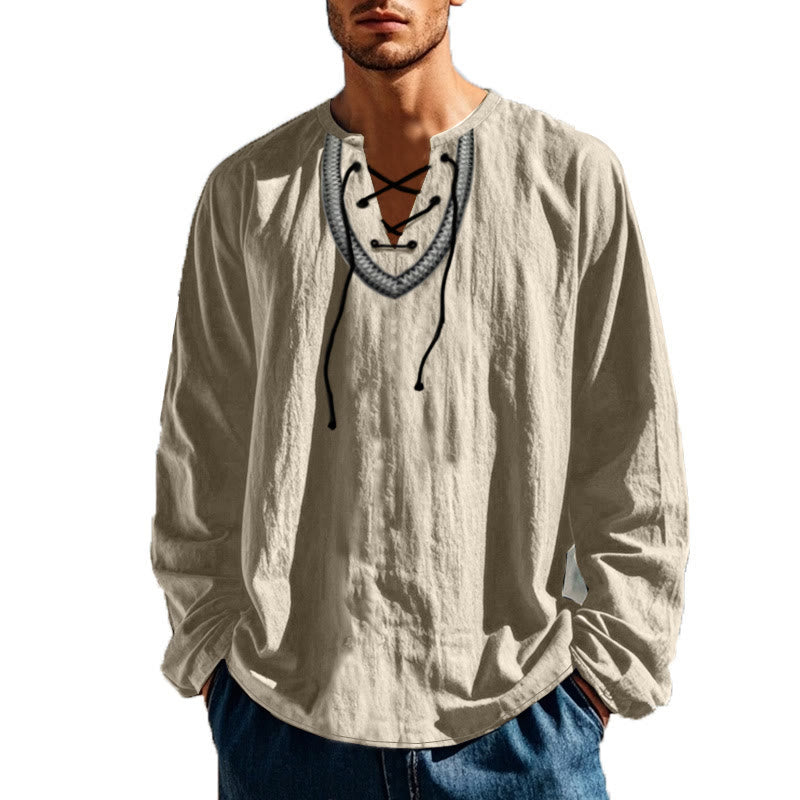 Buddha Stones Solid Color Fall Lace-up Men's V-Neck Long Sleeve Cotton Shirt