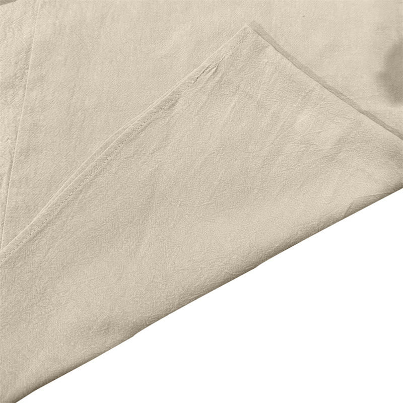 Buddha Stones Solid Color Fall Lace-up Men's V-Neck Long Sleeve Cotton Shirt