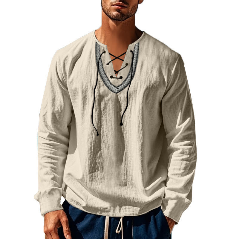 Buddha Stones Solid Color Fall Lace-up Men's V-Neck Long Sleeve Cotton Shirt