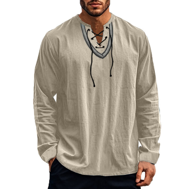 Buddha Stones Solid Color Fall Lace-up Men's V-Neck Long Sleeve Cotton Shirt