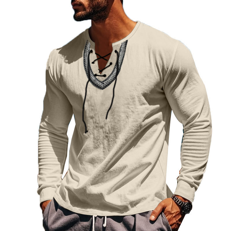 Buddha Stones Solid Color Fall Lace-up Men's V-Neck Long Sleeve Cotton Shirt
