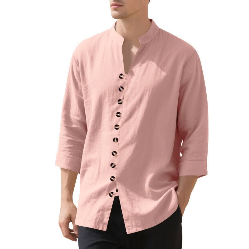 Buddha Stones Solid Color Buttons Fall Long Sleeve Linen Men's Shirt