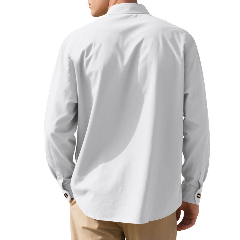 Buddha Stones Solid Color Buttons Fall Long Sleeve Linen Men's Shirt