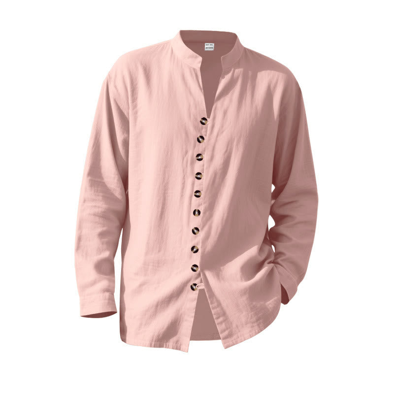 Buddha Stones Solid Color Buttons Fall Long Sleeve Linen Men's Shirt