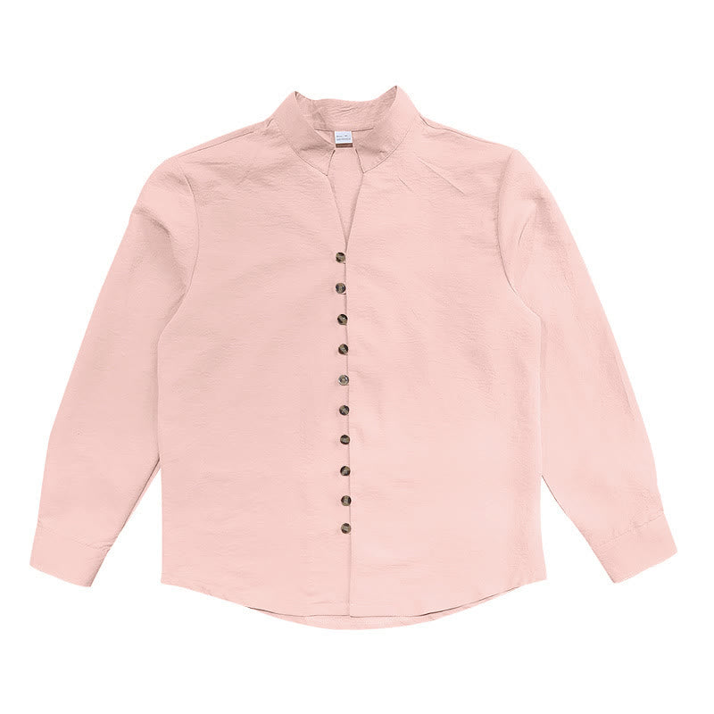 Buddha Stones Solid Color Buttons Fall Long Sleeve Linen Men's Shirt