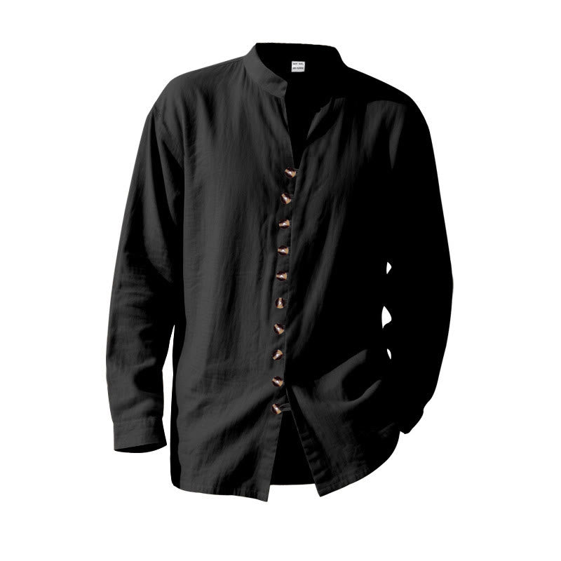 Buddha Stones Solid Color Buttons Fall Long Sleeve Linen Men's Shirt