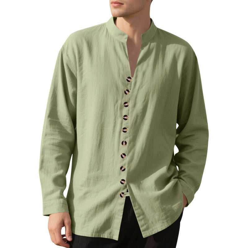 Buddha Stones Solid Color Buttons Fall Long Sleeve Linen Men's Shirt