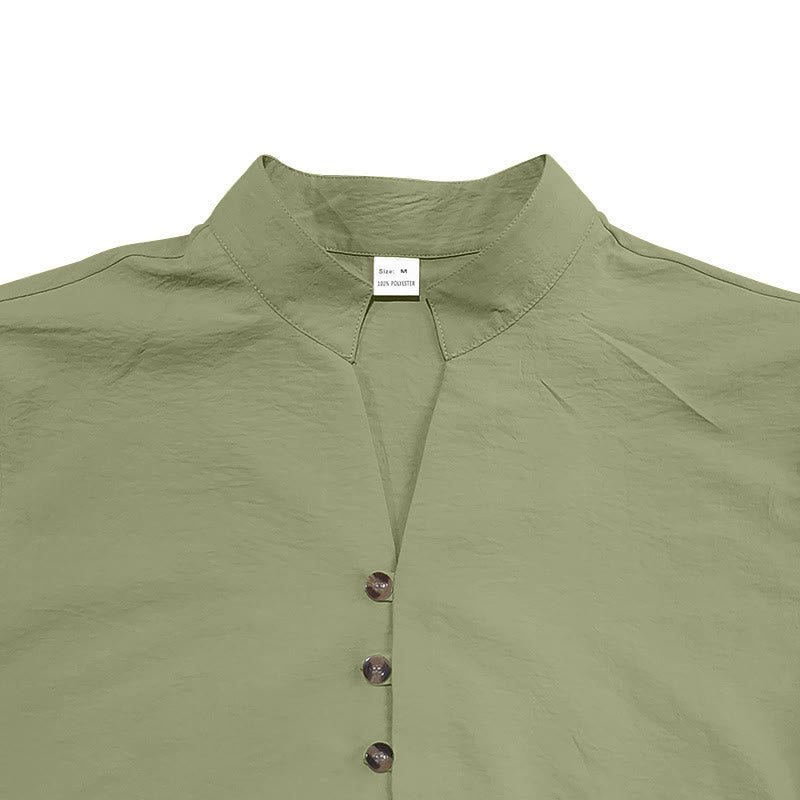 Buddha Stones Solid Color Buttons Fall Long Sleeve Linen Men's Shirt