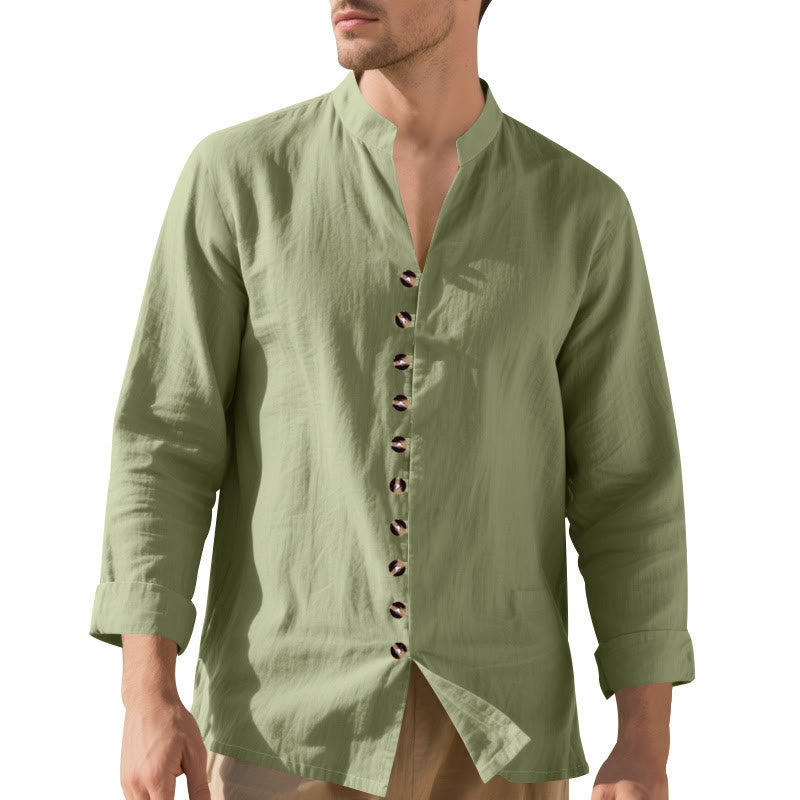 Buddha Stones Solid Color Buttons Fall Long Sleeve Linen Men's Shirt