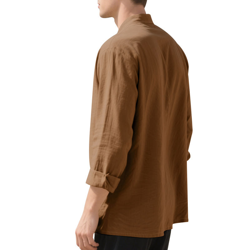 Buddha Stones Solid Color Buttons Fall Long Sleeve Linen Men's Shirt