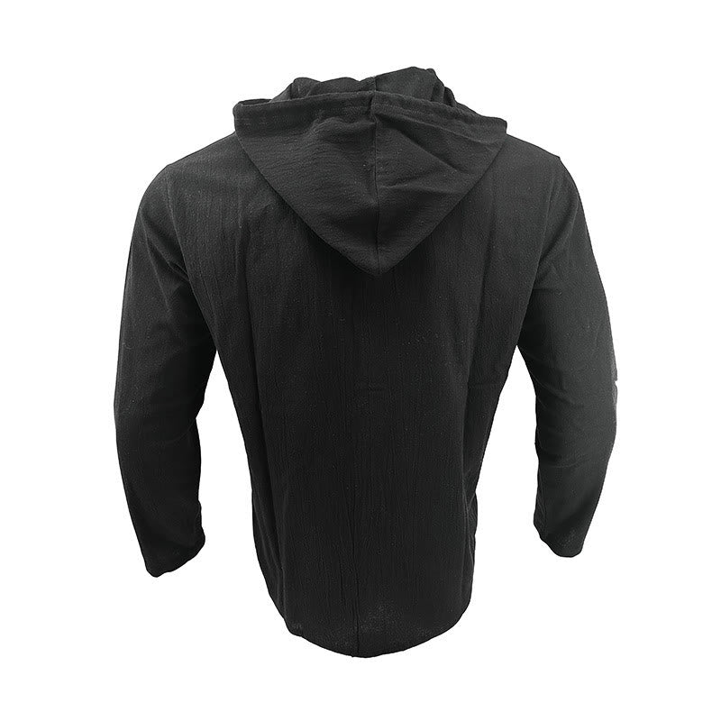 Buddha Stones Solid Color Long Sleeve Hooded Drawstring Buttons Linen Men's Shirt