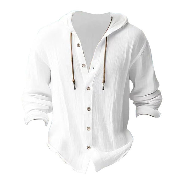 Buddha Stones Solid Color Long Sleeve Hooded Drawstring Buttons Linen Men's Shirt