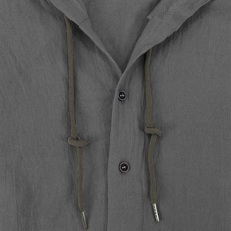 Buddha Stones Solid Color Long Sleeve Hooded Drawstring Buttons Linen Men's Shirt
