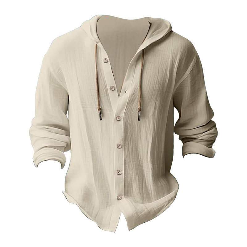 Buddha Stones Solid Color Long Sleeve Hooded Drawstring Buttons Linen Men's Shirt