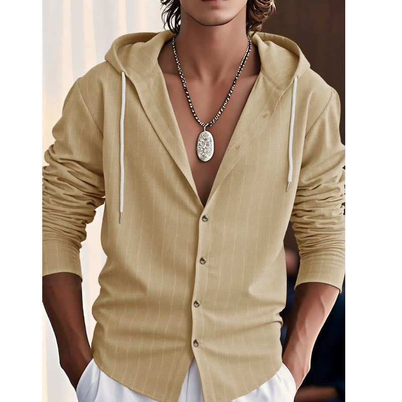 Buddha Stones Solid Long Sleeve Hooded Stripes Drawstring Buttons Linen Men's Shirt