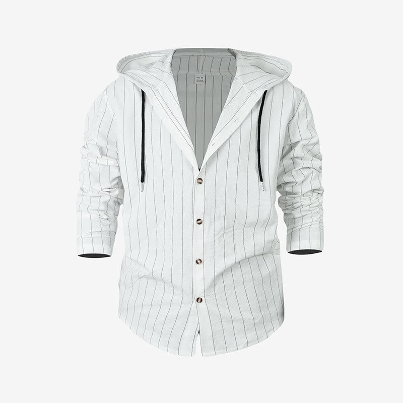 Buddha Stones Solid Long Sleeve Hooded Stripes Drawstring Buttons Linen Men's Shirt