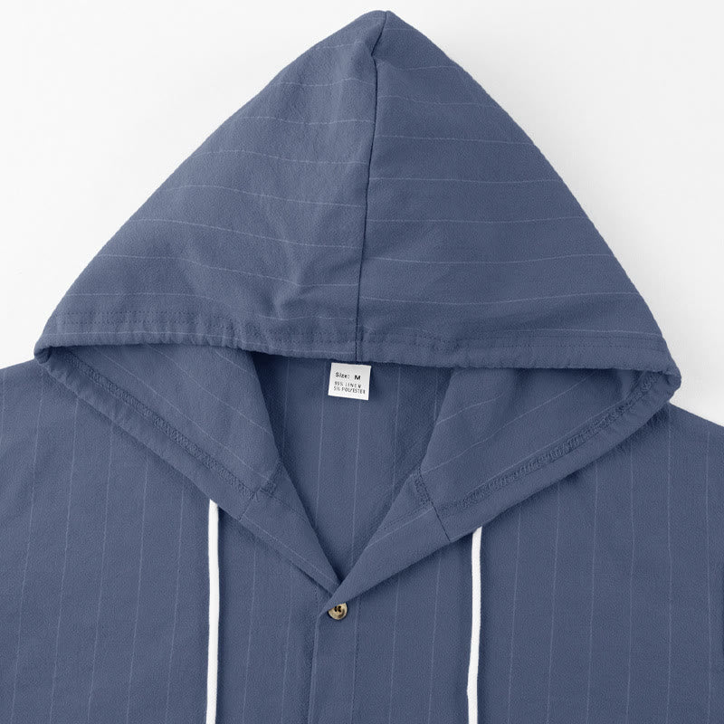 Buddha Stones Solid Long Sleeve Hooded Stripes Drawstring Buttons Linen Men's Shirt