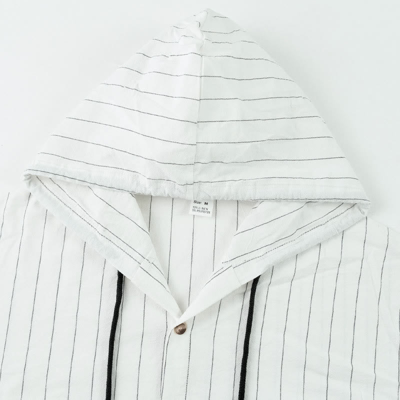 Buddha Stones Solid Long Sleeve Hooded Stripes Drawstring Buttons Linen Men's Shirt