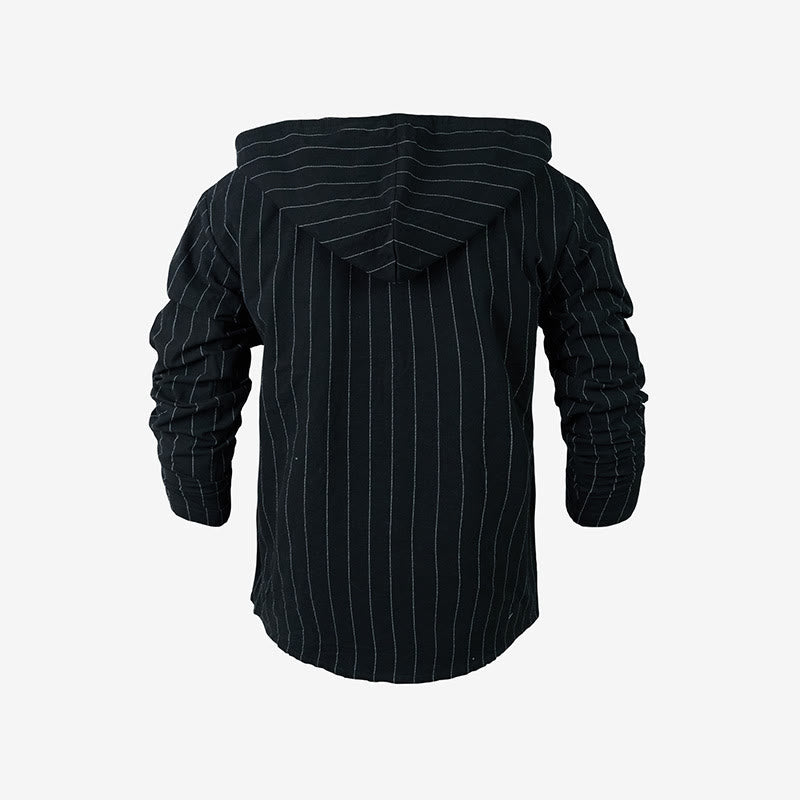 Buddha Stones Solid Long Sleeve Hooded Stripes Drawstring Buttons Linen Men's Shirt