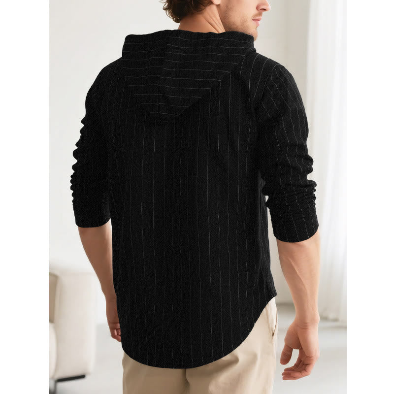 Buddha Stones Solid Long Sleeve Hooded Stripes Drawstring Buttons Linen Men's Shirt
