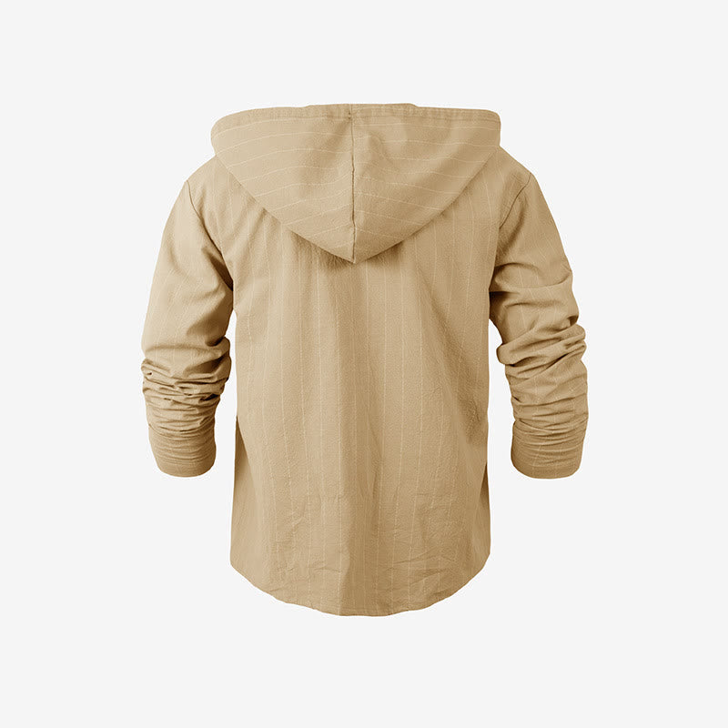 Buddha Stones Solid Long Sleeve Hooded Stripes Drawstring Buttons Linen Men's Shirt
