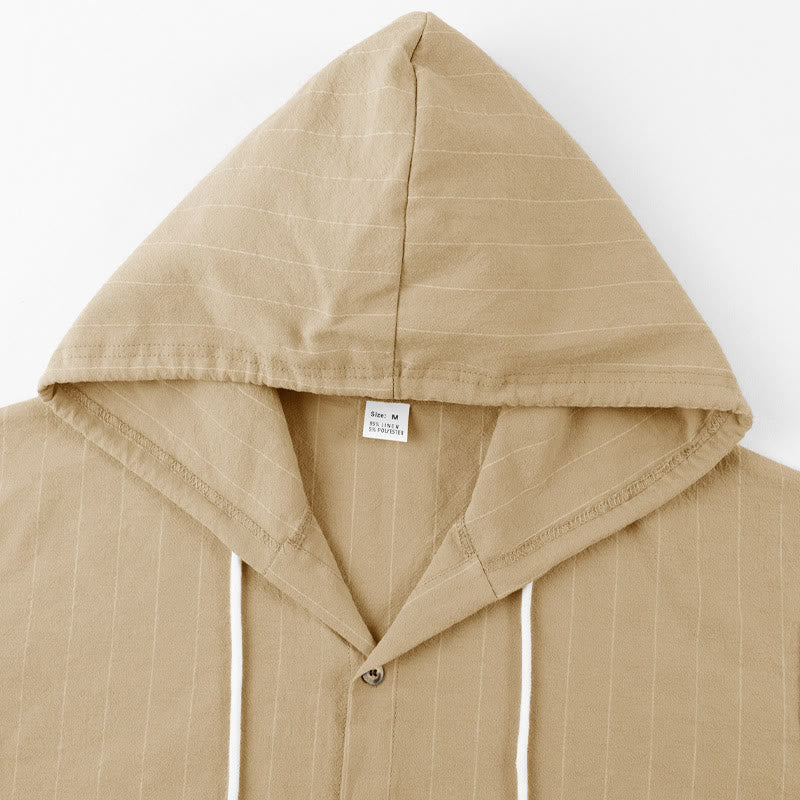 Buddha Stones Solid Long Sleeve Hooded Stripes Drawstring Buttons Linen Men's Shirt