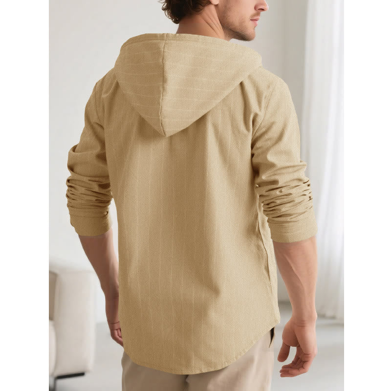 Buddha Stones Solid Long Sleeve Hooded Stripes Drawstring Buttons Linen Men's Shirt