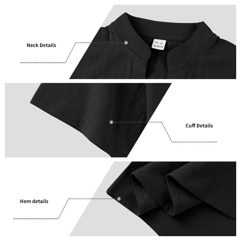 Buddha Stones Solid Summer Short Sleeve Half Buttons Linen Men's Shirt