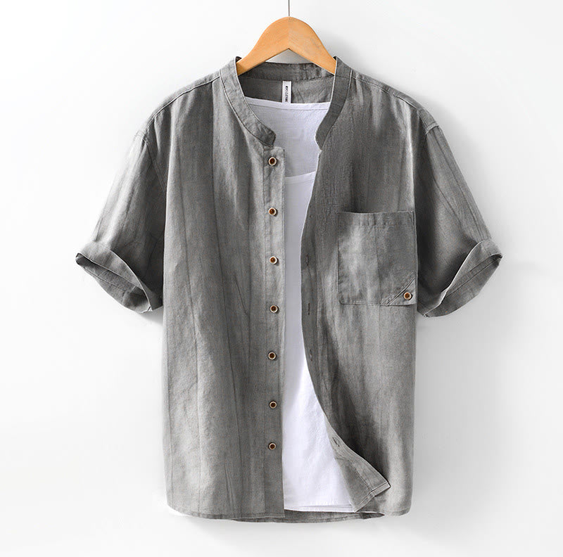 Buddha Stones Summer Buttons Short Sleeve Ramie Linen Cotton Men's Shirt
