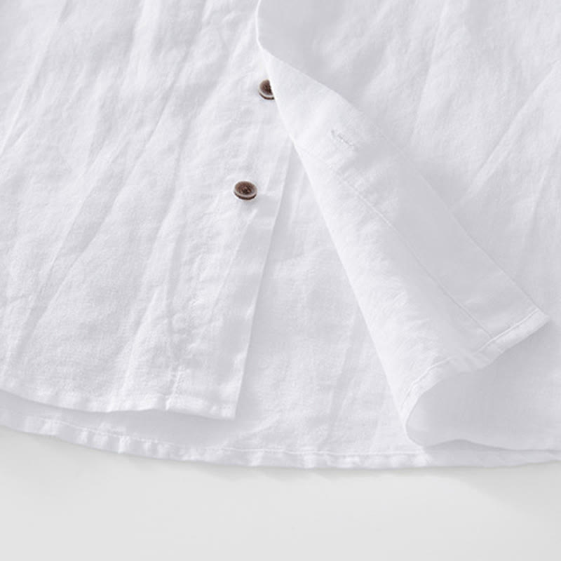 Buddha Stones Summer Buttons Short Sleeve Ramie Linen Cotton Men's Shirt