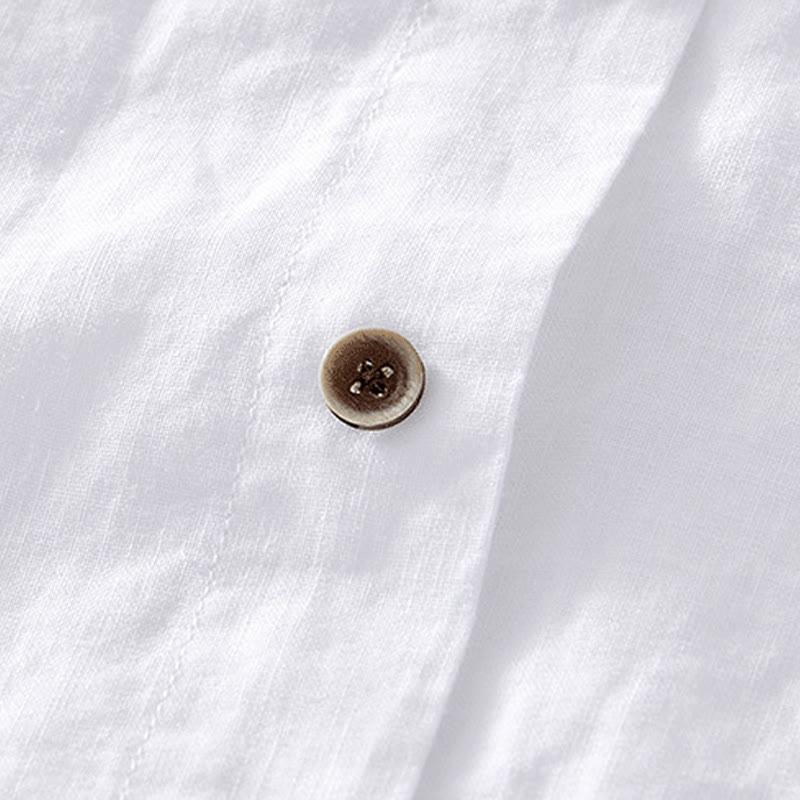 Buddha Stones Summer Buttons Short Sleeve Ramie Linen Cotton Men's Shirt