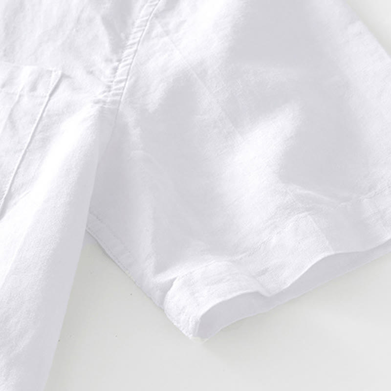 Buddha Stones Summer Buttons Short Sleeve Ramie Linen Cotton Men's Shirt