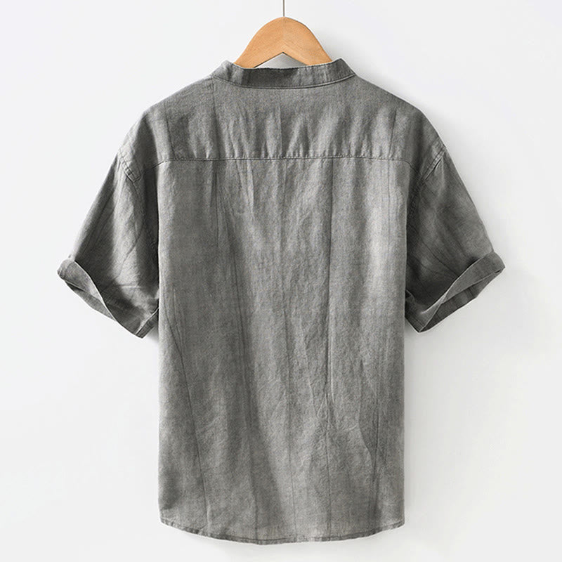 Buddha Stones Summer Buttons Short Sleeve Ramie Linen Cotton Men's Shirt