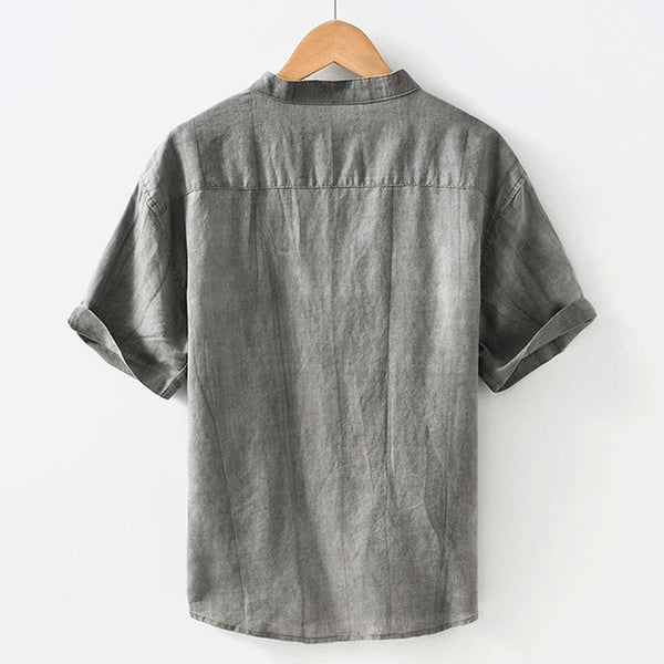 Buddha Stones Summer Buttons Short Sleeve Ramie Linen Cotton Men's Shirt