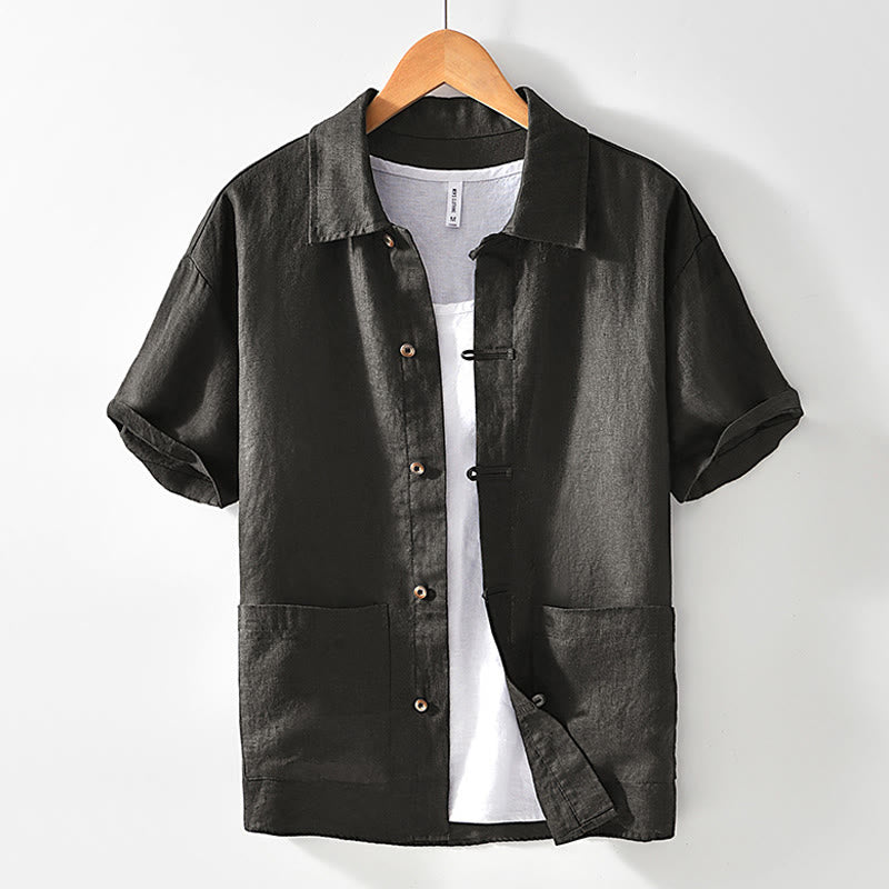 Buddha Stones Solid Summer Short Sleeve Buttons Linen Men's Shirt With Pockets