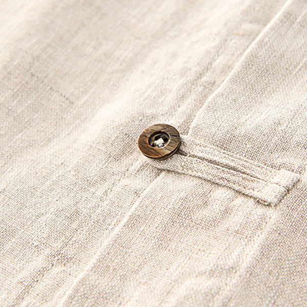 Buddha Stones Solid Summer Short Sleeve Buttons Linen Men's Shirt With Pockets