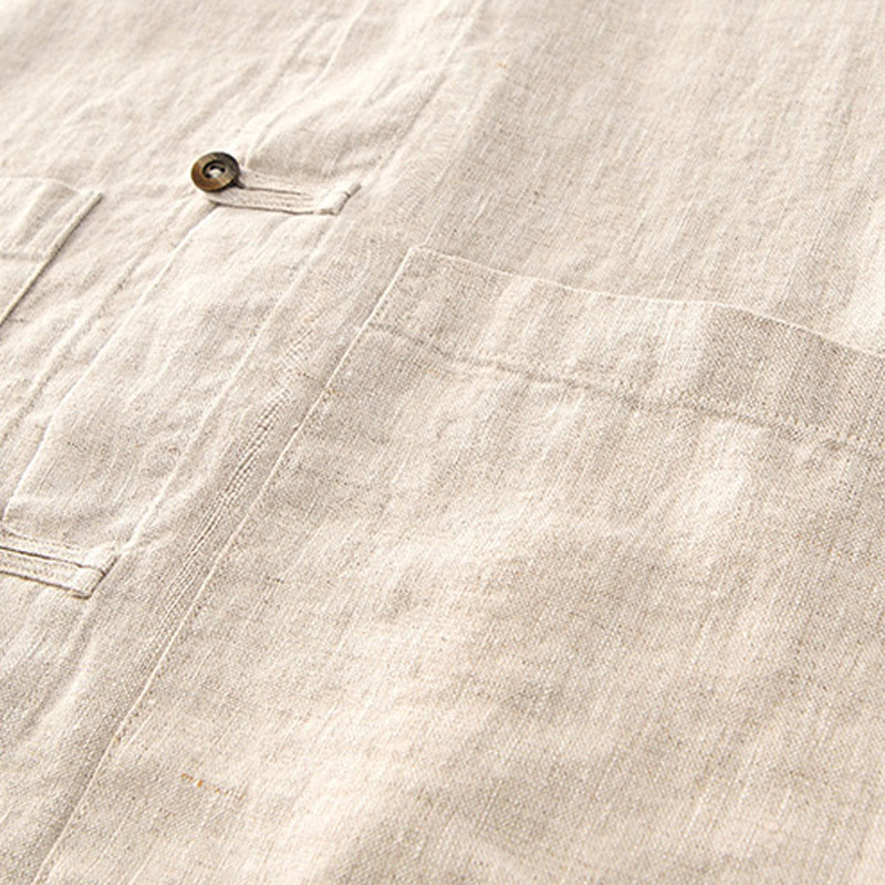 Buddha Stones Solid Summer Short Sleeve Buttons Linen Men's Shirt With Pockets
