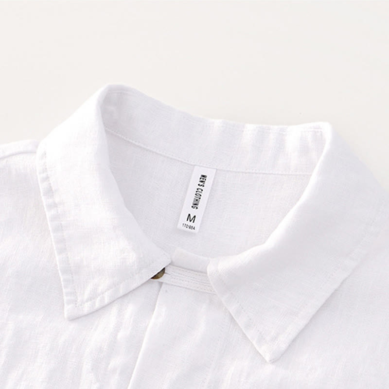 Buddha Stones Solid Summer Short Sleeve Buttons Linen Men's Shirt With Pockets