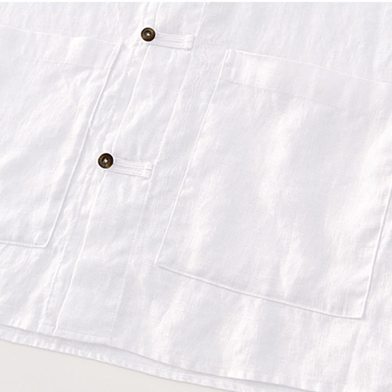Buddha Stones Solid Summer Short Sleeve Buttons Linen Men's Shirt With Pockets