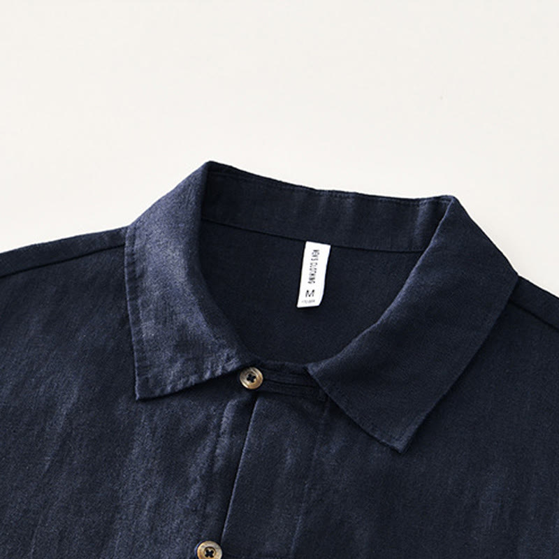 Buddha Stones Solid Summer Short Sleeve Buttons Linen Men's Shirt With Pockets