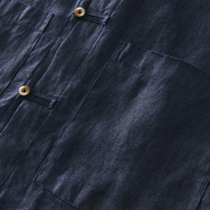 Buddha Stones Solid Summer Short Sleeve Buttons Linen Men's Shirt With Pockets